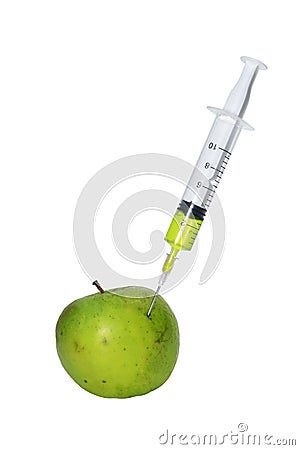 Wrinkled apples with syringe needle isolated on white background Stock Photo