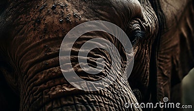 Wrinkled elephant trunk, tusk, and eye in African savannah generated by AI Stock Photo