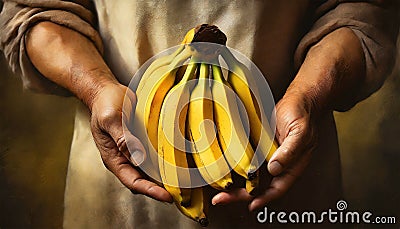 Wrinkled Hands of a Farmer Holding a Bunch of Ripe Bananas - Generative Ai Stock Photo