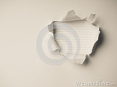 Wrinkled ripped torn red paper with hole in center background texture poster backdrop empty space Stock Photo