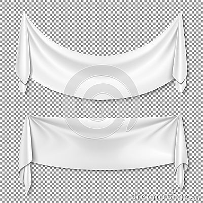 Wrinkled textile drape fabric vector empty white banners on transparent background Vector Illustration