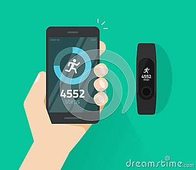 Wrist band bracelet with run activity and fitness tracking app on mobile phone screen vector flat, smartphone with run Vector Illustration