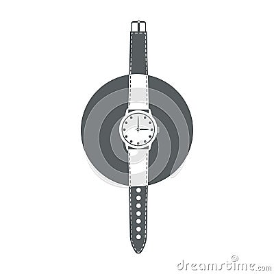 Wrist watch with strap and hands. Black and white time icon. Vector Illustration