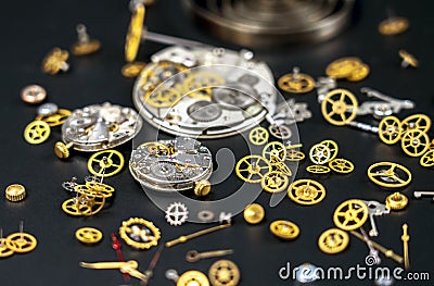 Wrist watches, clockworks, composition of parts of the clock mechanism Stock Photo