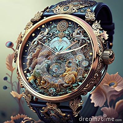 Wristwatch, close-up, on a background of flowers AI Generated Stock Photo
