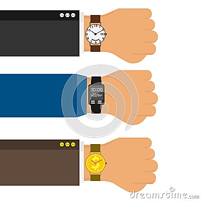 Wristwatch on the hand of businessman in suit. Three horizontal hands with classic wrist watches, sports watches and in the form o Vector Illustration