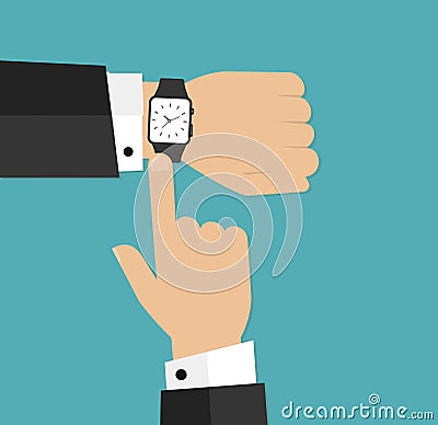 Wristwatch on the hand of businessman in suit. Time on wrist watch. Man with clock checks the time. Hand with clock on ba Cartoon Illustration