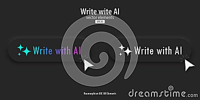 Write with AI button. Black buttons with Write with AI text. 3D Neumorphism design style for Apps, Websites, Interfaces, and Vector Illustration