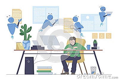 Writer and robots assistants write article text, create blog post content using AI tools Vector Illustration