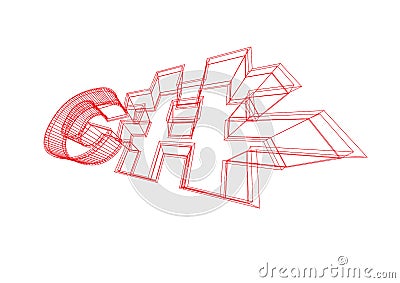 C Sharp red wireframed write on white background - Vector Vector Illustration