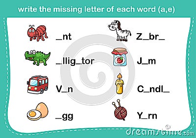 Write the missing letter of each word(a,e) Vector Illustration