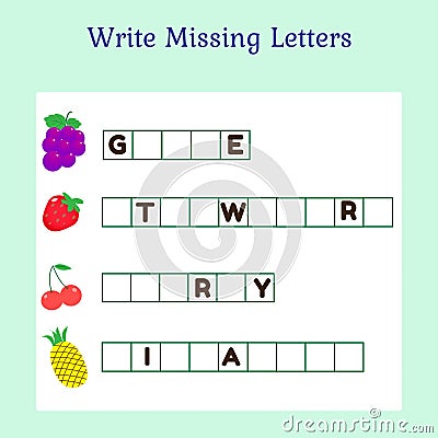 Write Missing Letters Fruit, Game for Kids. Vector Illustration