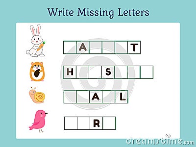 Write Missing Letters Game for Kids. Animal series, Vector Illustration