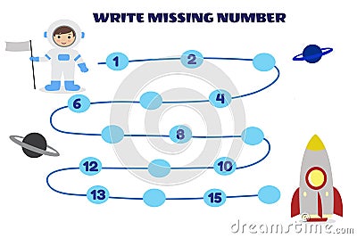 Write Missing Number Math Game For Kid. Help the Astronaut find road to Spaceship Vector Illustration