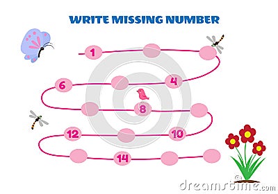 Write Missing Number Math Game For Kid. Help the Butterfly find road to Flower Vector Illustration