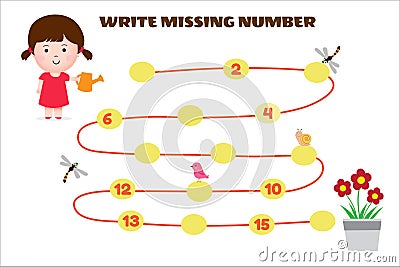 Write Missing Number Math Game For Kid. Help the Girl find road to Flower Vector Illustration