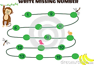 Write Missing Number Math Game For Kid. Help the Monkey find road to Banana Vector Illustration