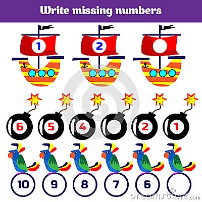 Write the missing number. Mathematics educational game for children. Complete the row, write missing numbers Stock Photo