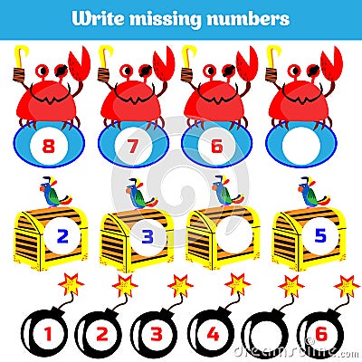 Write the missing number. Mathematics educational game for children. Complete the row, write missing numbers Stock Photo