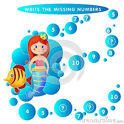 Write the missing number Mermaid princess Undine vector illustration Cartoon Illustration