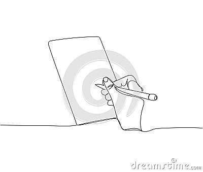Write in a notebook, take notes, book, textbook one line art. Continuous line drawing of online learning, knowledge Vector Illustration