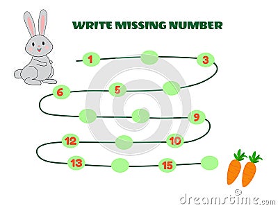 Write Missing Number Math Game For Kid. Help the Rabbit find road to Carrot. Vector Illustration