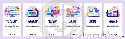 Write, send, receive and delete messages. Email inbox, computer technology. Mobile app onboarding screens. Menu vector Vector Illustration