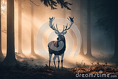 Deer in the misty forest Cartoon Illustration