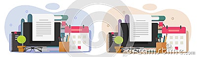 Write text content as essay blog on computer pc icon vector graphic illustration, editor reading book digital online review in Vector Illustration