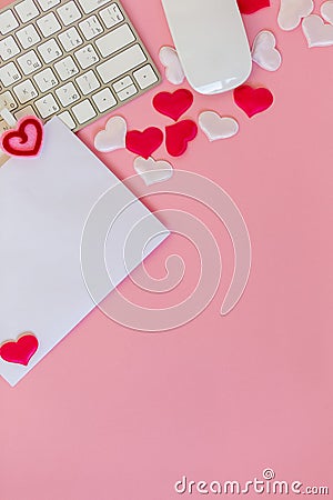 Write wish on white piece of paper for Valentines day on February 14. Celebrate Valentines day. Office flat lay with red toy Stock Photo