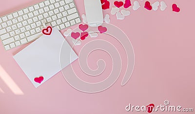 Write wish on white piece of paper for Valentines day on February 14. Celebrate Valentines day. Office flat lay with red toy Stock Photo