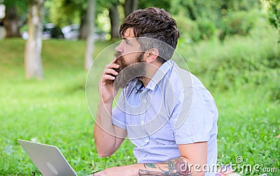 Writer or blogger write post for social network. Creativity crisis. Blogger thoughtful face create content. Hipster Stock Photo