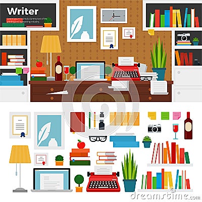 Writer cabinet interior with books Vector Illustration