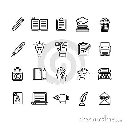 Writer and Copywriting Signs Black Thin Line Icon Set. Vector Vector Illustration