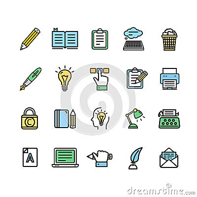 Writer and Copywriting Signs Color Thin Line Icon Set. Vector Vector Illustration