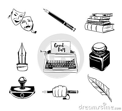 Writer design elements. isolated objects. vintage pen. ink, books vector Vector Illustration