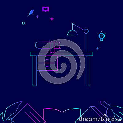 Writer Desk, Workplace Vector Line Icon, Illustration on a Dark Blue Background. Related Bottom Border Vector Illustration