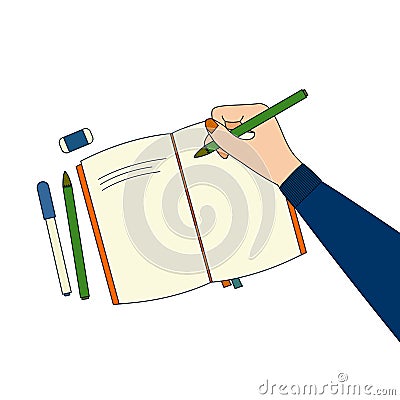 Writer holding pencil writing on a notebook. Top view pen,rubber,planner book. Back to school concept. Vector illustration. Vector Illustration