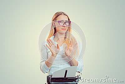 Writer, journalist gesturing no with hands annoyed face expression Stock Photo