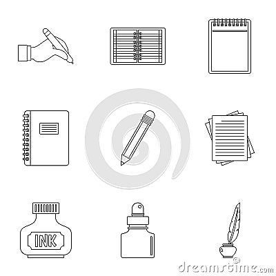 Writer pen tools icon set, outline style Vector Illustration