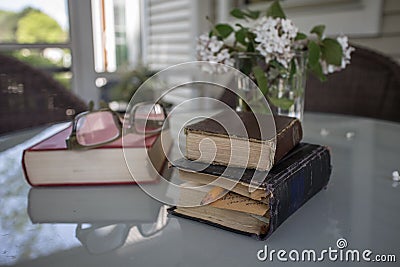 Writer`s table with books and flowers Stock Photo