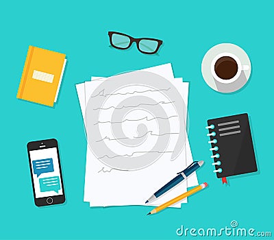 Writer workplace illustration on blue background, flat cartoon paper sheets on working table with text, pen and pe Cartoon Illustration