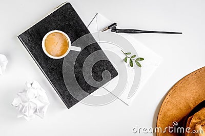 Writer workplace with tools on white background top view Stock Photo