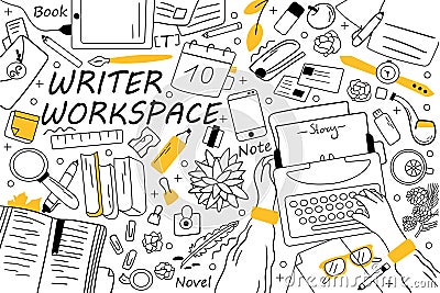 Writer workspace doodle set Vector Illustration