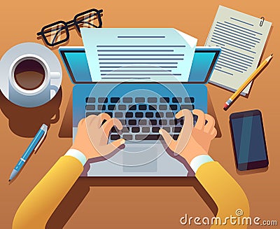 Writer writes document. Journalist create storytelling with laptop. Hands typing on computer keyboard. Story writing Vector Illustration