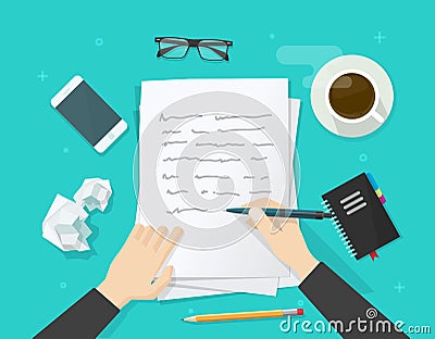 Writer writing on paper sheet, workplace, author desktop, write letter Vector Illustration