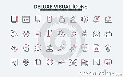 Writers and authors tools to create and write, edit content, articles line icon set Vector Illustration