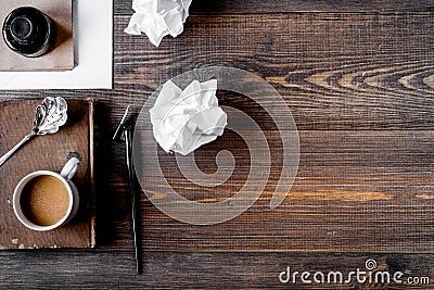 Writier tools in profession concept on wooden background top vie Stock Photo