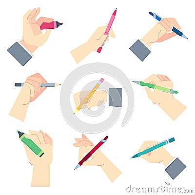 Writing accessories in hands. Pen in businessman hand, write on paper sheet or notepad and hands gestures vector Vector Illustration