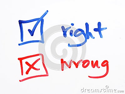 Writing check box wrong or right on white background Stock Photo